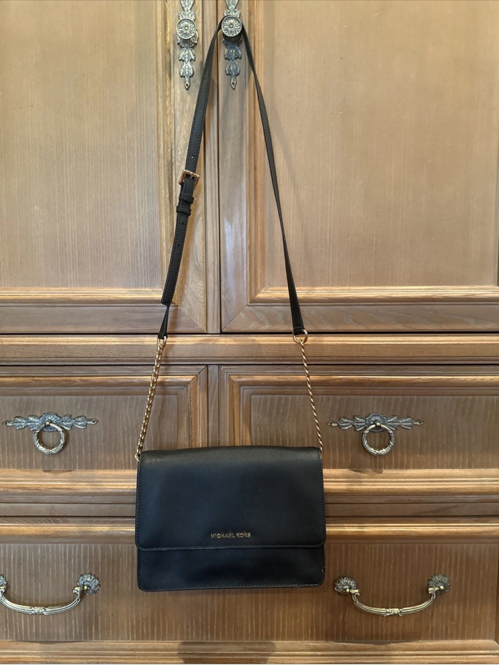 Michael Kors Black Leather Crossbody with Gold Chain Strap